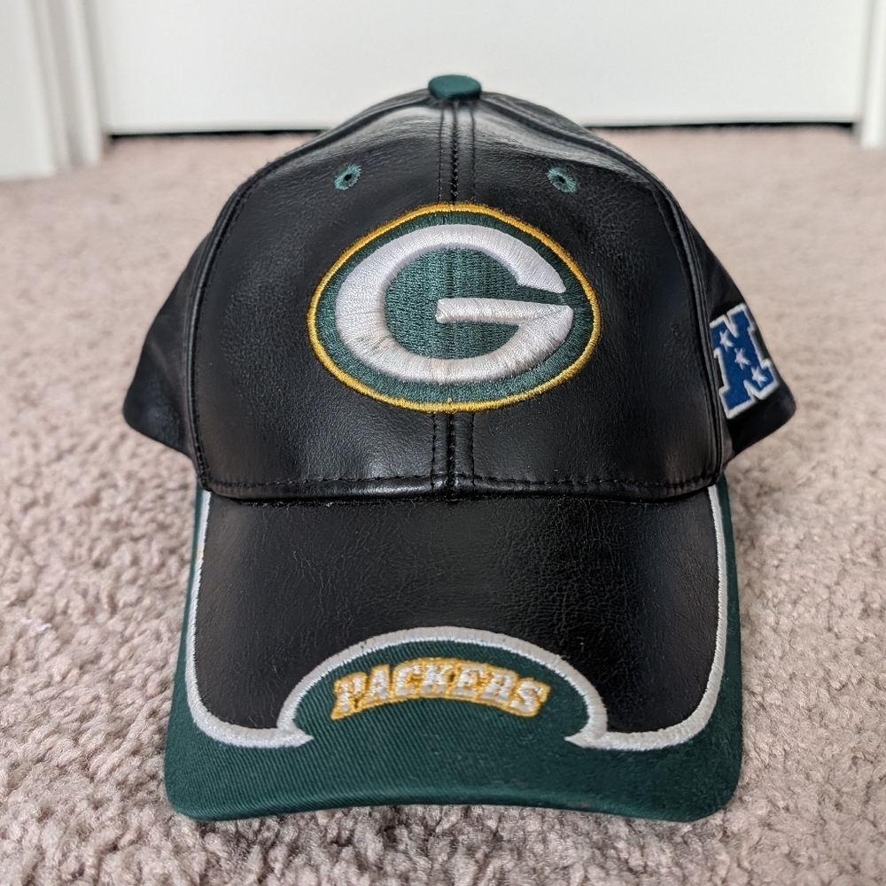 NFL Reebok Throwback Green Bay Packers Leather Black Green Strap Back Hat Cap OS - Picture 2 of 11